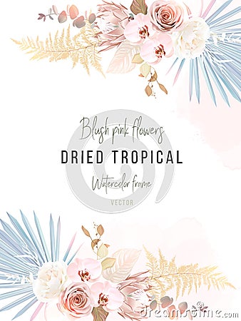 Trendy dried palm leaves, blush pink and ivory rose, pale protea, white orchid, gold fern Vector Illustration