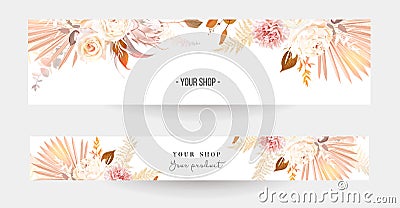 Trendy dried palm leaves, blush pink and rust rose, pale protea, white peony Vector Illustration