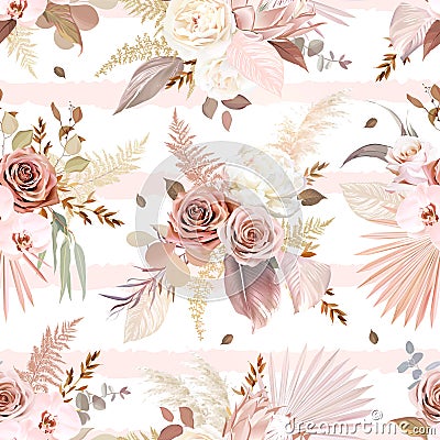 Trendy dried palm leaves, blush pink and rust rose, pale protea, white ranunculus Vector Illustration