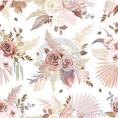 Trendy dried palm leaves, blush pink and rust rose, pale protea, white ranunculus Vector Illustration