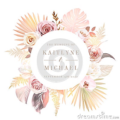 Trendy dried palm leaves, pale rose, orchid, pampas grass, monstera, fern, white ruscus Vector Illustration