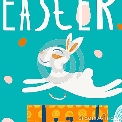 Trendy Easter design with bunny, lettering, flowers, bunny ears in pastel colors Vector Illustration