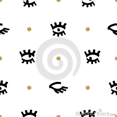 Trendy fashion seamless pattern, Comic sketch Black eyes, golden point Vector Illustration