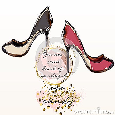 Trendy fashion vector poster with shoes and signatures in watercolor sketch style Stock Photo