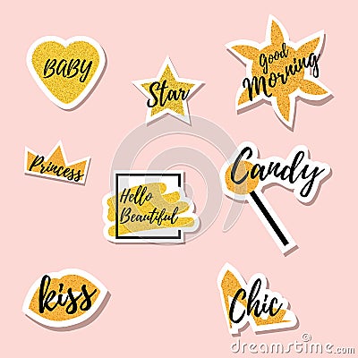 Trendy fashionable gold colored pins. Cool patches, badges, stickers with text, sms messages Vector Illustration