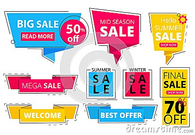 Trendy flat banners. Offers advertizing discount tags promo labels stickers graphic vector colored shapes Vector Illustration