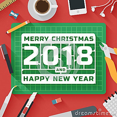 Trendy Flat Design Illustration: Merry Christmas and 2018 Happy New Year workplace Vector Illustration