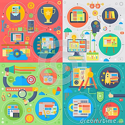 Trendy flat design SEO technology vector set of web icons. User web search experience, website ranking and marketing Vector Illustration