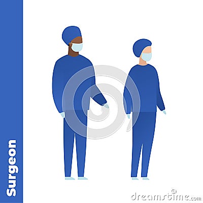 Trendy flat medical character vector cartoon illustration. Set of male and female black and white doctors team. Blue surgical Vector Illustration