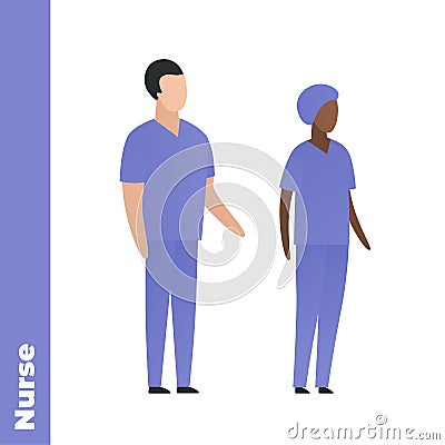 Trendy flat medical character vector cartoon illustration. Set of male and female black and white nurse team. Blue nursery uniform Vector Illustration