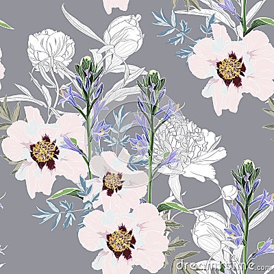 Trendy Floral pattern with the many kind of flowers. Tropical botanical Motives. Seamless vector texture. Stock Photo