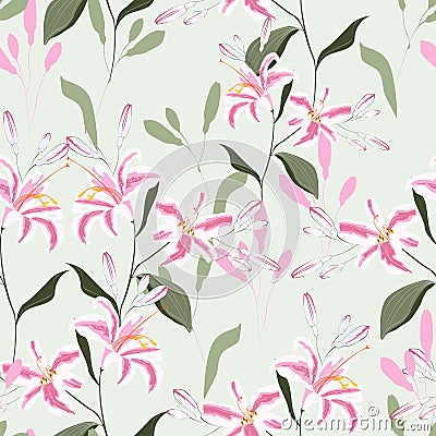 Trendy Floral pattern with pink lilies flowers. Stock Photo