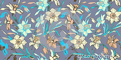 Spring floral seamless pattern of calm hand drawn flowers daffodils. Vector Illustration