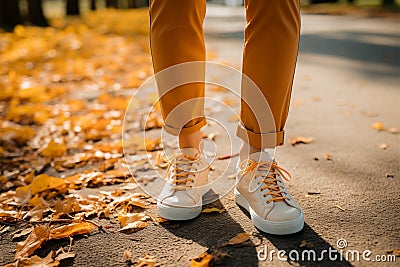 Trendy footwear on display as a woman walks in the park Stock Photo