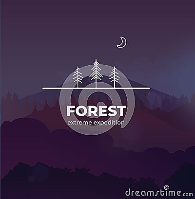 Trendy Forest logo badge in outline style. In the background vector landscape with forest and mountains, you can change Vector Illustration