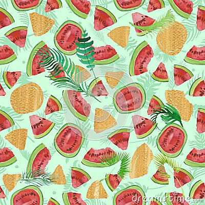 Trendy fruit pattern. Artistic Watermelon background. Watercolor watermelon seamless pattern. Stock Photo