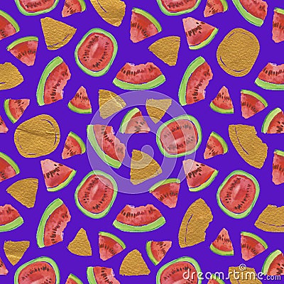 Trendy fruit pattern. Artistic Watermelon background. Watercolor watermelon seamless pattern. Stock Photo