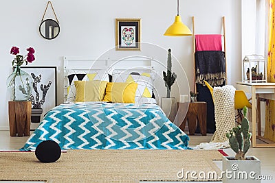 Trendy geometric bedroom, vivid colors Stock Photo