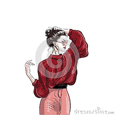 Trendy girl in red pullover with glasses Vector Illustration