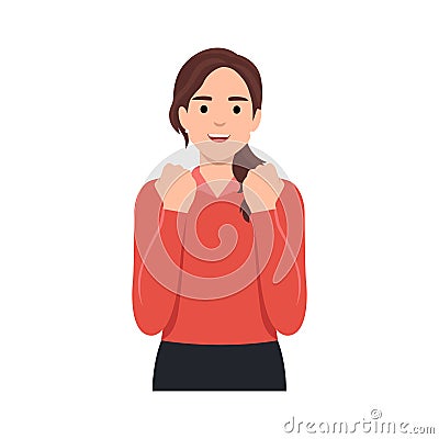 Trendy girl showing success gesture with raised hand fist. Young woman celebrating victory symbol with arms. Female character Vector Illustration