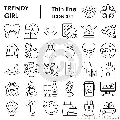 Trendy girl thin line icon set, girly symbols collection, vector sketches, logo illustrations, female staff signs linear Vector Illustration