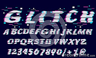 Trendy Glitch distorted font letters and numbers. Vector set with broken pixel effect,old distorted TV matrix effect. Video game Stock Photo