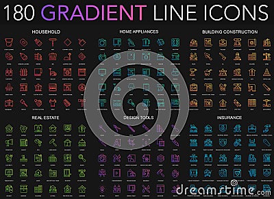 180 trendy gradient style thin line icons set of household, home appliances, building construction, real estate, design Vector Illustration