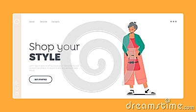 Trendy Grandmother Landing Page Template. Old Elegant Lady in Trendy Clothes. Modern Elderly Lady Character Vector Illustration