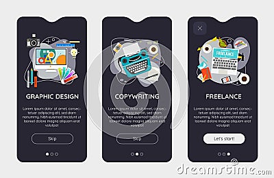 Trendy Graphic Design, Copywriting, Freelance UI Mobile App Splash Onbard Screens Vector Illustration