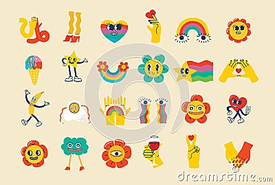 Trendy groovy sticker set. Retro cartoon style valentines day. 70s 60s aesthetics isolated elements. Vintage vector Vector Illustration