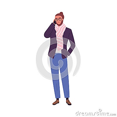 Trendy guy in scarf and suit talking use smartphone vector flat illustration. Fashionable businessman in glasses Vector Illustration