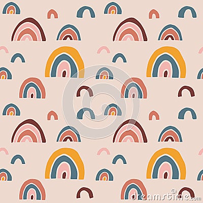 Trendy hand drawn seamless pattern with doodle rainbows. Colorful retro abstract geometric design. Repeating tile for Vector Illustration