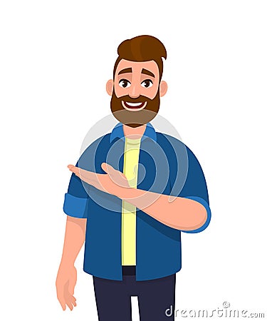 Trendy hipster young man pointing hand to copy space. Stylish bearded person showing or presenting hand gesture sign towards side Vector Illustration