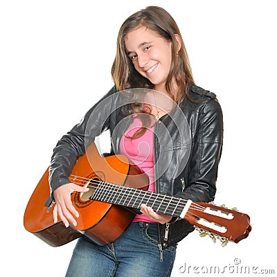 Trendy hispanic teenage girl playing an acoustic guitar Stock Photo