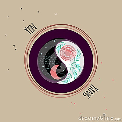 Trendy image of Yin Yang, set of items for esotericism, alchemy, magic, fortune telling, occultism. Vector drawing in outline Vector Illustration