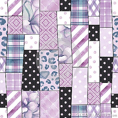 Trendy imitation sewn pieces of fabric in patchwork style. Watercolour hand drawn modern collage Stock Photo