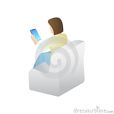 Trendy Isometric human and gadgets, a teenager, a young girl, student, uses high-tech technology, mobile phone, work Cartoon Illustration