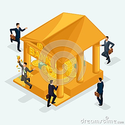 Trendy Isometric people, 3d businessman, Big pile of cash. Hundreds of dollars in a bank, deposit, loan, mortgage, gold, award Vector Illustration