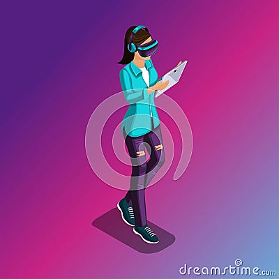Trendy Isometric people and gadgets, a teenager, a young girl, student, uses hi tech technology, phone, pad, play, virtual reality Stock Photo