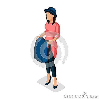 Trendy Isometric people and gadgets, a teenager, a young girl, a stylish, student, uses hi tech technology, backpack isolated Vector Illustration