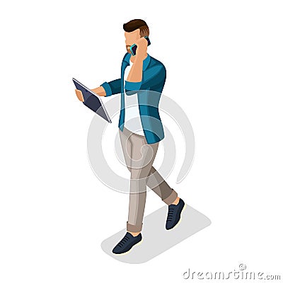 Isometric Boy, Young People Gadgets Vector Illustration