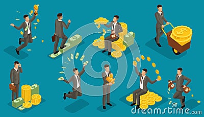 Trendy isometric people vector, 3d businessmen money attachments, business scene with young businessman, investment, lots of cash Vector Illustration