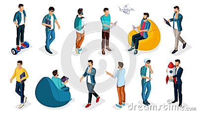 Trendy isometric vector people, 3d person teenagers, modern young people and gadgets, freelancers, startup, coworking Vector Illustration