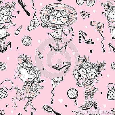 Trendy little cute girls who want to look like adults. Fashionistas with women`s accessories. Seamless pattern. Vector Stock Photo