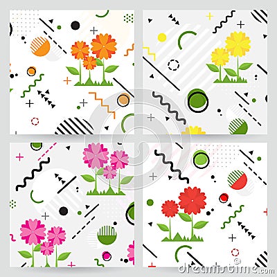 Trendy Memphis style geometric pattern with flower, vector Vector Illustration