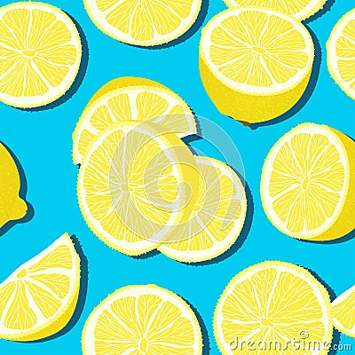 Trendy minimal summer seamless pattern with whole, sliced fresh fruit lemon on color background Vector Illustration