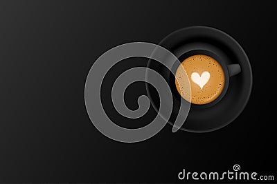 Trendy minimalistic black background with a black cup of latte coffee with a heart Vector Illustration
