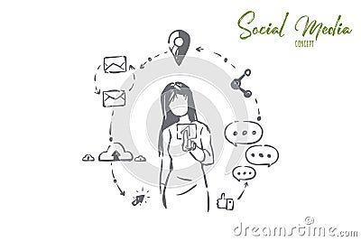 Trendy modern recreation, internet surfing, young woman with online network symbols, likes and comments Vector Illustration