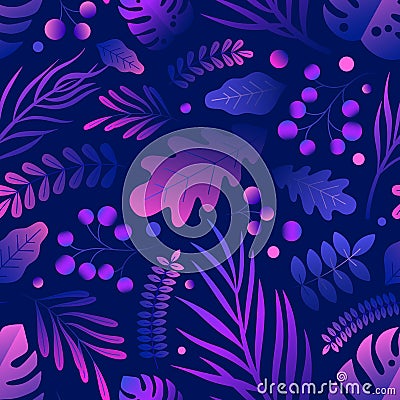 Trendy natural seamless patern with gradient purple tropical foliage. Gorgeous elegant endless background with exotic Vector Illustration