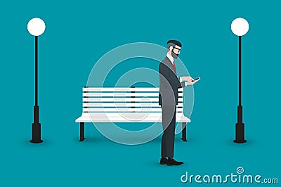 Trendy nerd hipster pedestrian standing amid benches and street lamp. This businessman wearing solid suit holding Vector Illustration